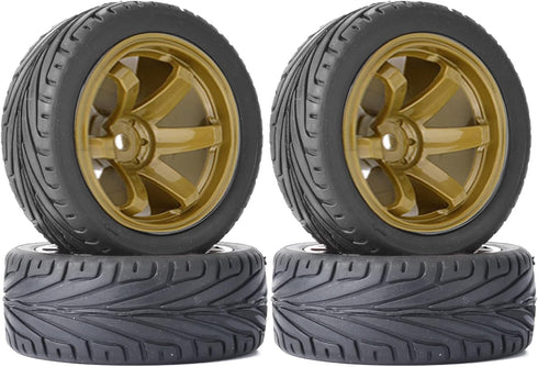 4PCS RC Car Rubber Tires and Plastic Wheels Rims Compatible with 1/10 Scale On Road Touring Racing Flat Drift Car Traxxas HSP HPI Tamiya Sakura (G...