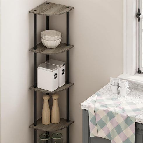 Furinno Turn-N-Tube 5 Tier Corner Display Rack Multipurpose Shelving Unit, 1-Pack, French Oak Grey/Black...