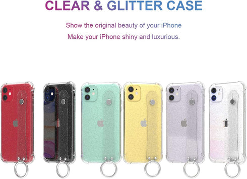 iPhone 11 Clear Glitter Case with Hand Strap, Soft Silicone Gel Rubber Sparkle Bling Cover Case with Adjustable Wrist Strap Stand Holder for Girls...