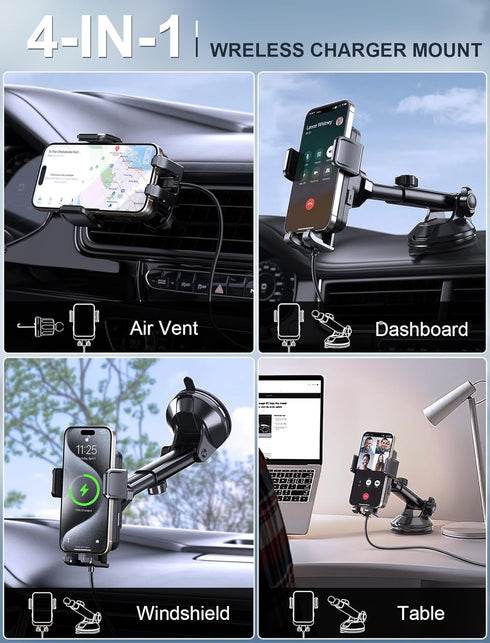 Wireless Car Charger, MOKPR 15W Fast Charging Auto Clamping Dashboard Windshield Air Vent Car Phone Holder with LED Light Car Charger for iPhone 1...