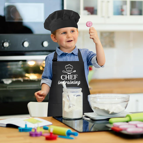 Kids Apron and Chef Hat Set, “CHEF in training” Apron Adjustable Child Apron Chef in Training Funny Apron...