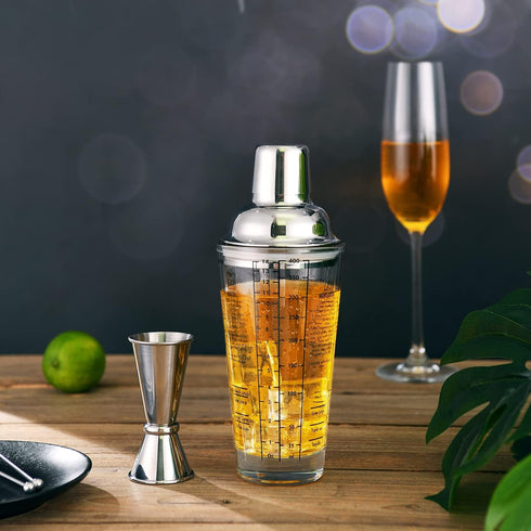Glass Cocktail Shaker Printed with Recipes,14 oz Martini Shaker with Double Measuring Jigger,18/8 Grade Stainless Steel Mixing Shaker,Leak-Proof L...