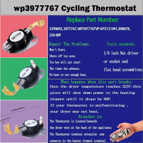 3387134 Dryer Thermostat 3977393 & 3392519 Thermal Fuse 3977767 high-Limit Thermostat Compatible Whirlpool Kenmore Roper maytag Estate Inglis Crosley Amana kitchenaid, Figure 6 is Compatible Model.