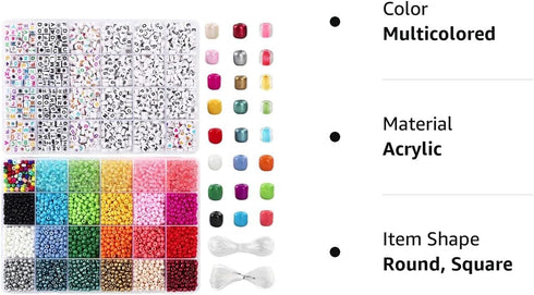 8800pcs Beads Kit, Including 7200pcs 4mm Glass Seed Beads and 1600pcs Letter Beads for Bracelet Jewelry Making and Crafts with 20m Crystal String ...