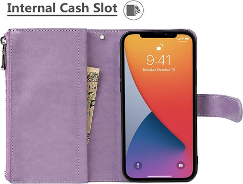 iCoverCase Compatible with iPhone 13 Pro Wallet Phone Case with Card Holder, PU Leather Zipper Pocket Magnetic Detachable Flip Case with Wrist Str...