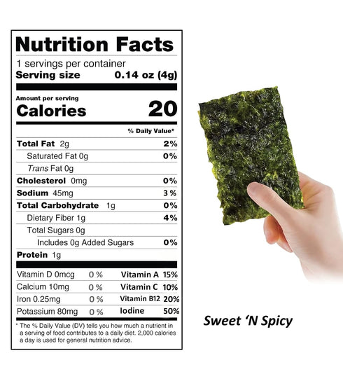 KIMNORI Seasoned Seaweed Snacks Sheets – Organic Sweet 'N Spicy Flavor, 12 Individual Packs, Roasted Crispy Premium 100% Natural Laver Kim Nori, 4...