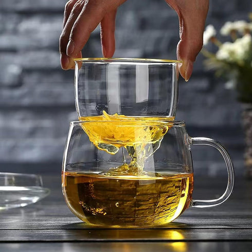 14oz Tea cup with steeper and lid, heat-resistant borosilicate glass clear tea cup for loose leaf tea, blooming tea and tea bags - ideal for tea l...