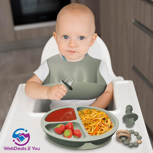 Baby Feeding Set Silicone Baby Bib Baby Plate Bowl Spoon Fork Divided Plate Baby Teether Baby Led Weaning Baby Gift Set...