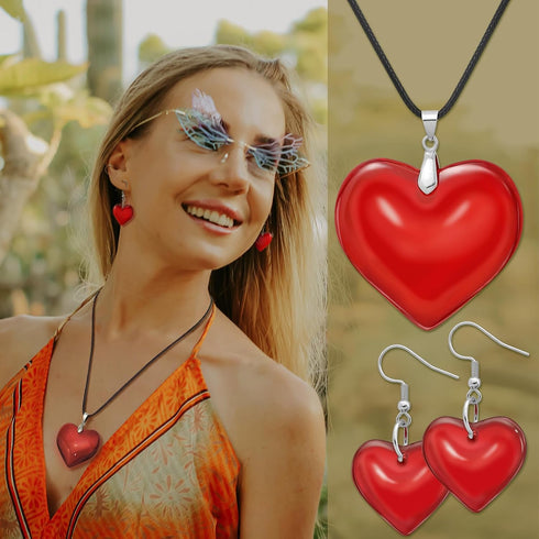 RechicGu Big Chunky Puffy Heart Pendant Choker Necklace Earrings Jewelry Set, Black String Chain,Stainless Steel Hook,Y2K Grunge Gothic Necklace,E...