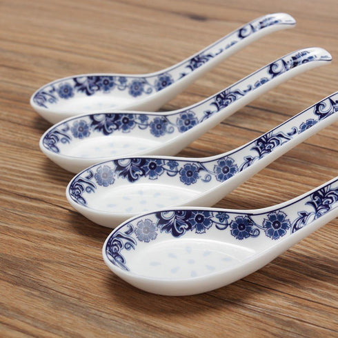 Porlien 5-inch Porcelain Navy Blue Floral Soup Spoons Set of 4...