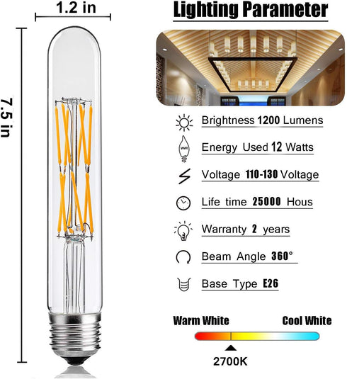 Leools T10 Led Bulbs,12W Dimmable Tubular Led Bulb,100 Watt Equivalent Edison Style Vintage LED Filament Light Bulb, E26 Long Tube Bulb,2700K Soft...