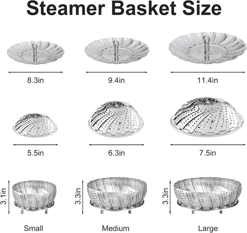 3-Piece Steamer Basket Set: Stainless Steel Adjustable Folding Veggie and Seafood Steamer, Expandable to Fit Various Pot Sizes: 5.5" to 8.3", 6.3"...