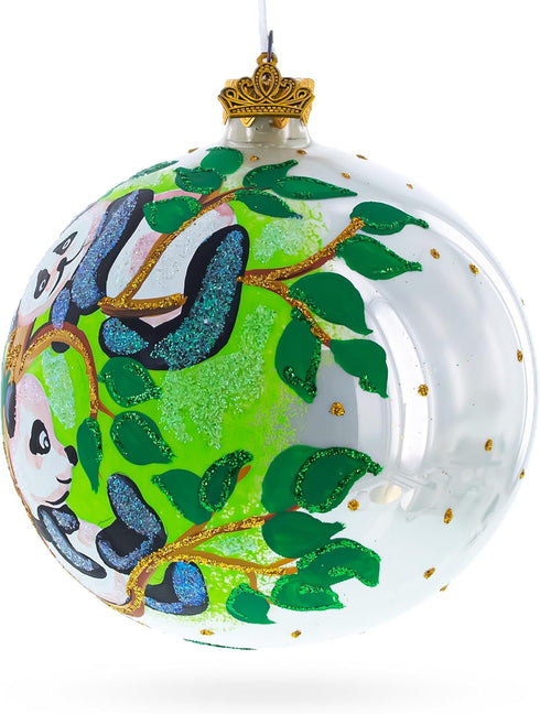 Panda Bears on Tree Branch Glass Ball Christmas Ornament 4 Inches...