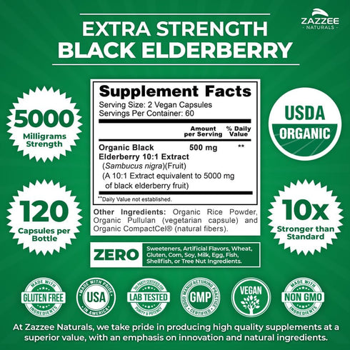 Zazzee USDA Organic Black Elderberry 10:1 Extract, 5000 mg Strength, 120 Vegan Capsules, 2 Month Supply, Standardized, Concentrated 10X Extract, 1...