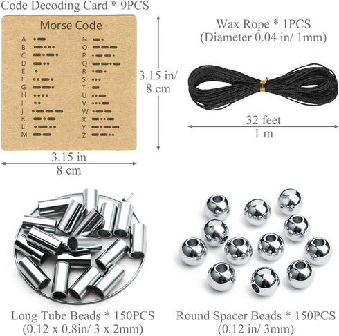 Ourtroness Morse Code Bracelet Making Set, Includes Stainless Steel Round Spacer Beads, Long Tube Beads, Morse Code Decoding Card and Waxed Cord f...