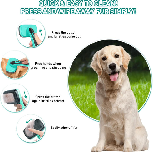 4 in 1 Dog Self-Cleaning Slicker Brush for Shedding & Grooming Long Short Haired Cats, Removes Loose Fur, Undercoat, Mats, Tangled Hair With All H...