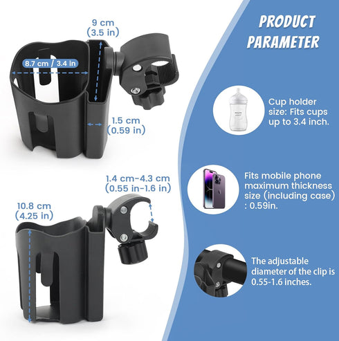 Universal Stroller Cup Holder with Phone Holder, 2-in-1 Cup Phone Holder, Mega Strength Adjustable Clamp fits on Any Bike, Walker, Wheelchair, Lar...