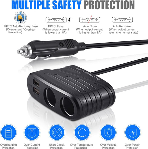 Quick Charge 3.0 Cigarette Lighter Splitter, 2-Socket Car Charger with 27 Inches Extension Cable, 120W 12V/24V Car Charge Splitter with PD 20W Typ...