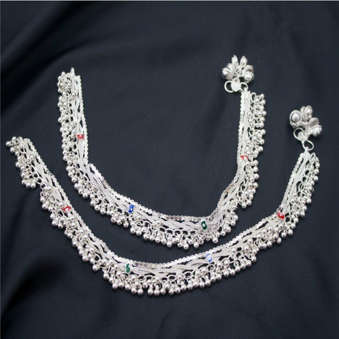Ethnic Indian Silver Jhanjar Beads Payal Bells Anklet Pair in Multicolor Enamel for Women - Dance Bridal Wedding...