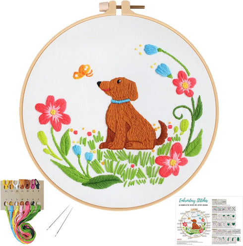 Louise Maelys dog Embroidery Kits for Beginners with floral pattern,Cross Stitch Kit for Adults DIY Needlepoint Kits with embroidery instructions...