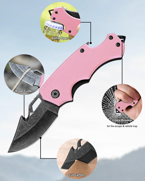 FLISSA Mini Folding Pocket Knife, 2.5-Inch Stainless Steel Drop Point Blade, EDC Pocket Knives for Women with Bottle Opener and Glass Breaker (Pin...
