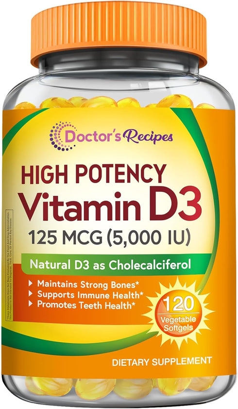 Doctor's Recipes Vitamin D3 5000IU, Immune Support for Bones, Teeth, and Immune Function, Non-GMO, No Gelatin, Gluten or Soy, 120 Vegetarian Softg...