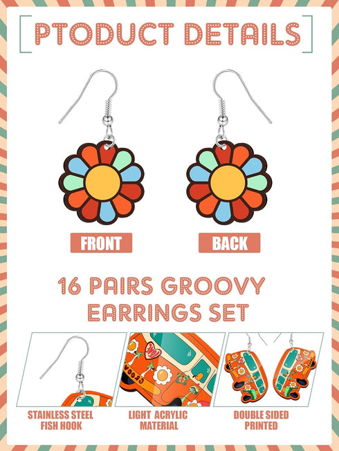 16 Pairs Groovy Hippie Acrylic Earrings Retro Boho Earrings Set for Women Rainbow Daisy Butterfly Flower Vacation Earrings Women's Drop and Dangle...
