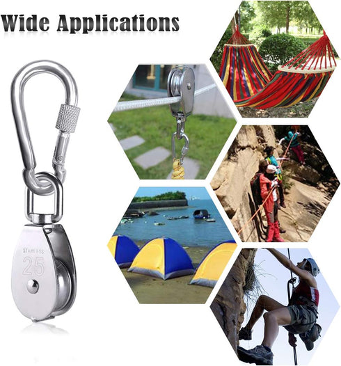 2pcs M25 Single Pulley Block with 3pcs Spring Snap Hook Carabiner, Heavy Duty 304 Stainless Steel Pulley Roller & 3'' Spring snap Hooks, Pully Cra...