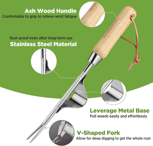 WORKPRO Weed Puller Tool, Metal Leverage Base and V-Shaped Forks for Easy Weed Removal & Deeper Root Digging, Heavy Duty Stainless Steel with Wood...