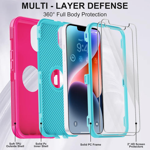 Annymall for iPhone 14 Case with 2 Screen Protector,Full Body Shockproof Drop Protection Dust Proof Heavy Duty 3-Layer Rugged Durable Military Gra...