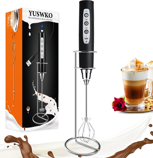 YUSWKO Black Handheld Milk Frother Wand with Stand for Coffee, Rechargeable Electric Whisk with 3 Heads 3 Speeds Drink Mixer Coffee Frother For La...