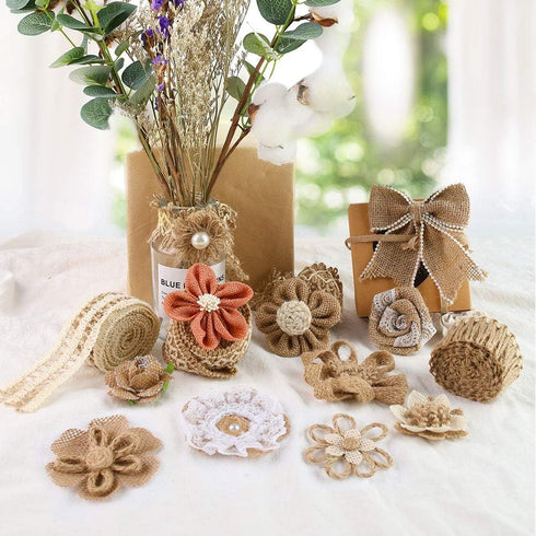 VGOODALL 16 PCS Natural Burlap Flowers Set, Including 12 PCS Handmade Lace Burlap Flowers and Bowknots, 4 Rolls Burlap Ribbon for Christmas Birthd...