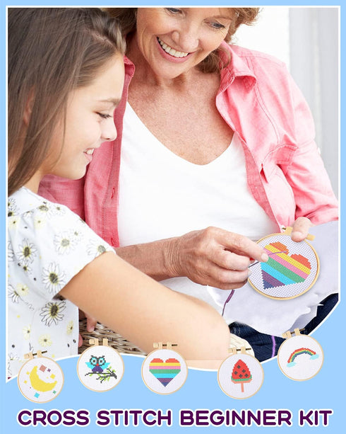 Pllieay Cross Stitch Beginner Kit for Kids 7-13, Includes 6pcs Project Cross Stitch Pattern and 2pcs Hoops, 12 Skeins, Needle Point Starter Kit Se...