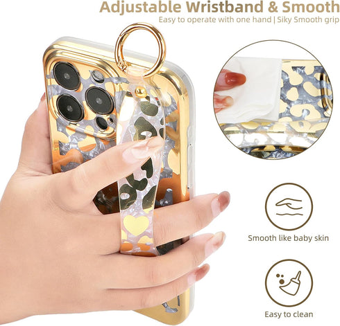 for iPhone 13 Pro Wrist Band Kickstand Cover Case Cheetah Print Ultra Slim IMD Shockproof Protection Holder Cover Case for Apple iPhone 13 Pro 6.1...