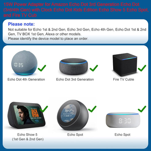 15W Power Adapter for Amazon Echo Dot 3rd Generation Echo Dot (3rd/4th Gen) with Clock Echo Dot Kids Edition Echo Show 5 Echo Spot,and Fire TV Cub...