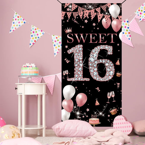 Sweet 16 Birthday Door Banner Backdrop, Happy 16th Birthday Decorations for Girls, Sweet Sixteen Door Cover Rose Gold, 16 Door Poster Sign Birthda...