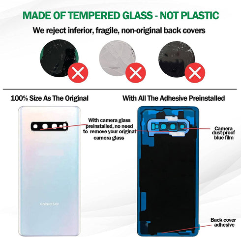 Galaxy S10+ Back Glass Cover Replacement Housing Door with Pre-Installed Camera Lens + All The Adhesive + Repair Tools for Samsung Galaxy S10 Plus...