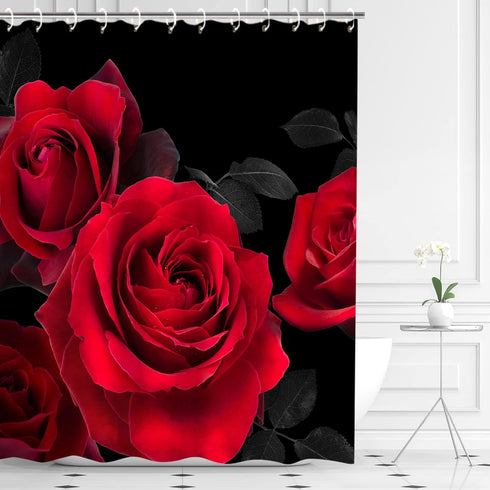 LIVILAN Red Shower Curtain for Bathroom Rose Shower Curtain Black and Red Shower Curtains Red Rose Shower Curtain with Hooks Black Floral Flower D...