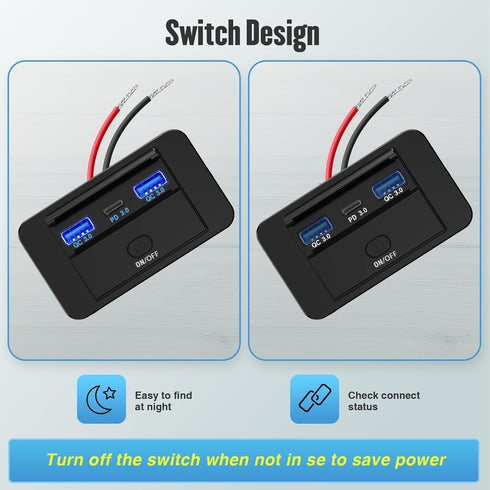 12V RV Type C USB Outlet with Power Switch 66W Dual QC3.0 USB &PD3.0 Quick Charge Socket 12V 24V Car Charger RV Switch Panel Car Charger with Wate...