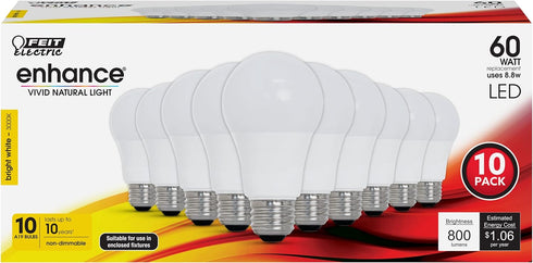 Feit Electric A19 LED Light Bulb, 60W Equivalent, Non Dimmable, 800 Lumens, E26 Medium Base, 3000k Bright White, CRI 90, 10 Year Lifetime, UL List...