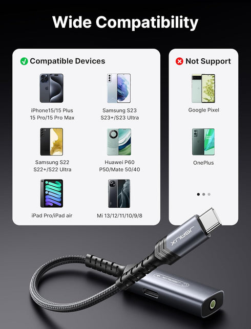 JSAUX USB C to 3.5mm Headphone and Charger Adapter, 2-in-1 AUX Mic Jack with PD 60W Fast Charging,Compatible for Earphones iPhone 15 Pro Max/15 Pr...