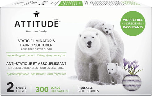 ATTITUDE Reusable Dryer Sheets, Static Eliminator & Fabric Softener, Fragrance-Free Laundry, Made in Canada, 300 Loads, 2 Sheets (1 Pack)...