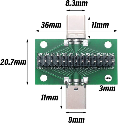 2 Pcs USB 3.1 Type-C Male to Female Test Board with PCB Board 24 Pins 2.54 mm Double-Sided Socket with pin Header Connector for Date Line Wire Cab...
