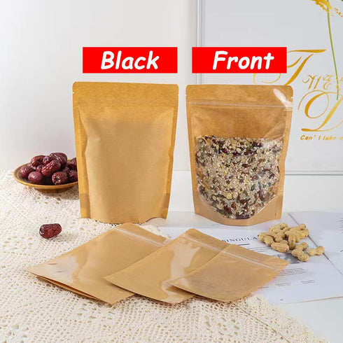 100 PCS Stand Up Pouches, 4 x 6 inch Kraft Paper Food Bags with Clear Window, Reusable Ziplock Food Storage Bags Resealable Pouches for Foods, Cof...