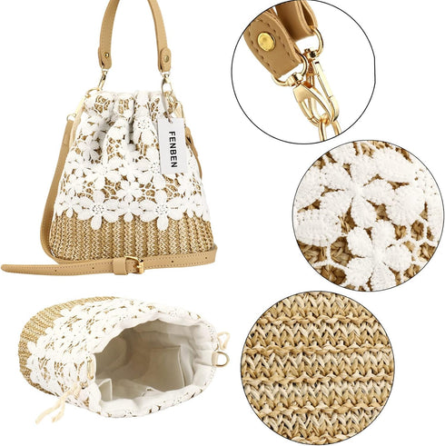 Bamboo Handbag, Beach Purse Bag Half Moon Bag, Straw Lace Woven Travel Sling Bag Shoulder Crossbody Bag for Women...