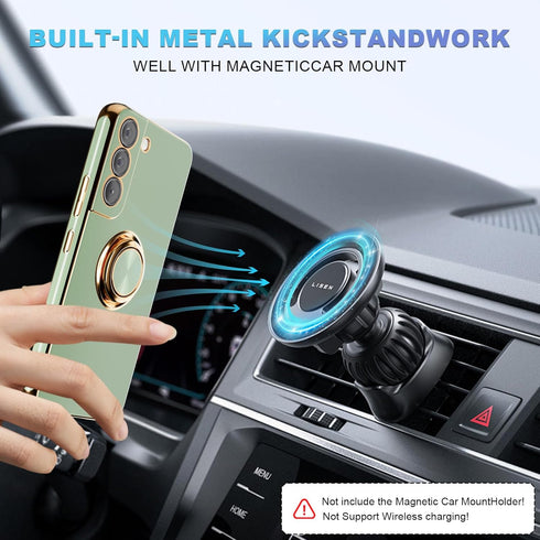 yuanming for S22 Phone Case,+Screen Protector,with Magnetic Kickstand,Built-in 360° Rotation Ring Holder,Plating Gold Edge Slim Soft TPU Shockproo...