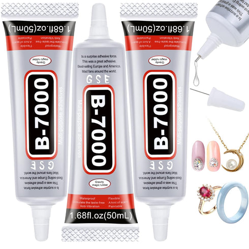 B7000 Glue for Rhinestones Crafts, 3PCS 50ML 1.68fl.oz Clear B-7000 Super Jewelry Glue Transparent Industrial Adhesive for Fabric Phone Repair Jew...