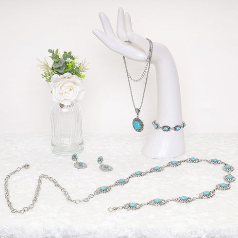 4 Pieces Bohemian Turquoise Jewelry Set Chain Waist Belt Turquoise Necklace Vintage Turquoise Dangle Earrings and Bracelet Western Jewelry for Wom...