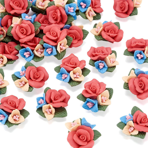 Beadthoven 50pcs Flatback Rose Flower Handmade Porcelain Cabochons Colorful Floral Bouquet Clay Beads Charms No Hole for Gluing DIY Jewelry Making...