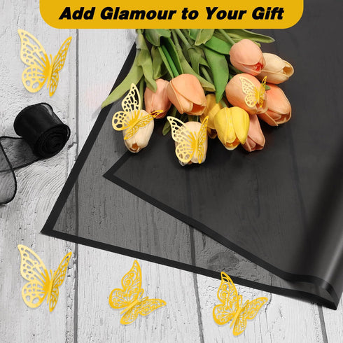 ROADPLUM 20 Sheet Black Flower Wrapping Paper, Bouquet Wrapping Paper with 12 Butterflies and 1 Ribbon for Diy Bouquet, Flower Paper Wrap Kit for ...